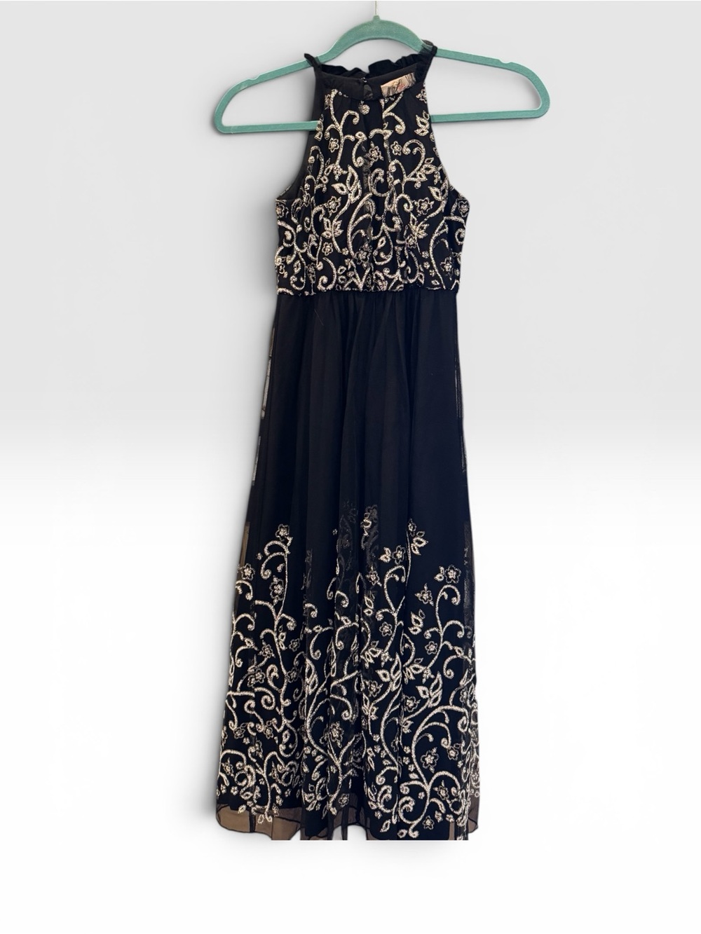 GB girls black Halter Maxi Dress with Silver Embroidery Accents - Picture 2 of 4